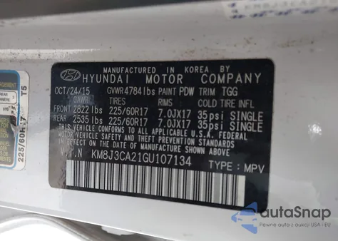 2016 Hyundai Tucson Eco z USA, uszkodzony, nr VIN KM8J3CA21GU107134